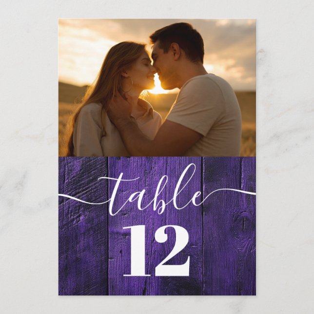 Purple Rustic Barn Wood Boho Photo Table Number (Front)