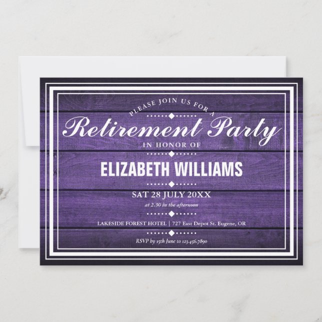 Purple Rustic Barn Wood Retirement Party Invitation (Front)