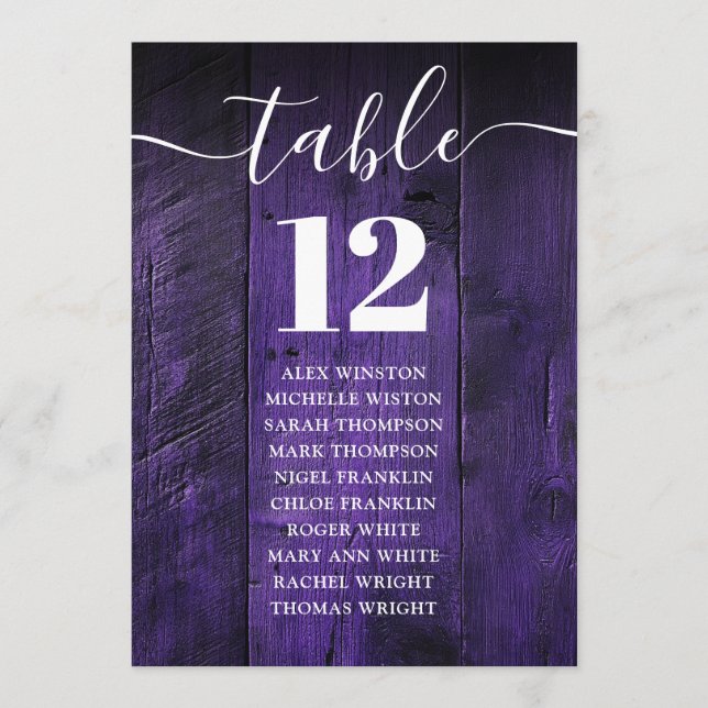 Purple Rustic Barn Wood Table Number Seating Chart (Front)