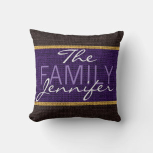 Purple Rustic Burlap Monogram Throw Pillow