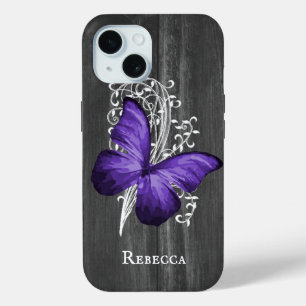 Purple Rustic Butterfly Personalized iPhone 15 Case