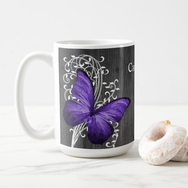 Purple Rustic Butterfly Personalized Coffee Mug (With Donut)