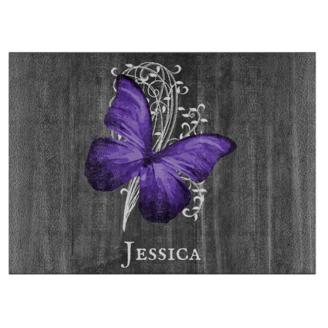 Purple Rustic Butterfly Personalized Cutting Board (Front)