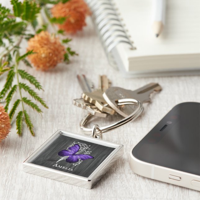 Purple Rustic Butterfly Personalized Keychain (Side)