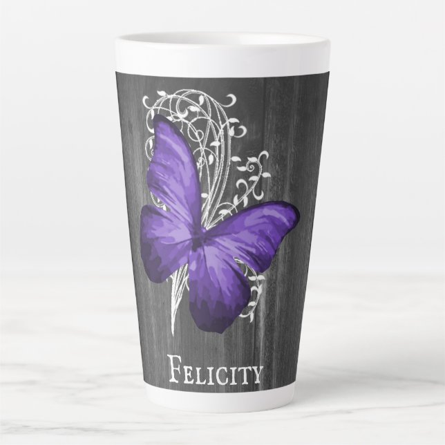 Purple Rustic Butterfly Personalized Latte Mug (Front)