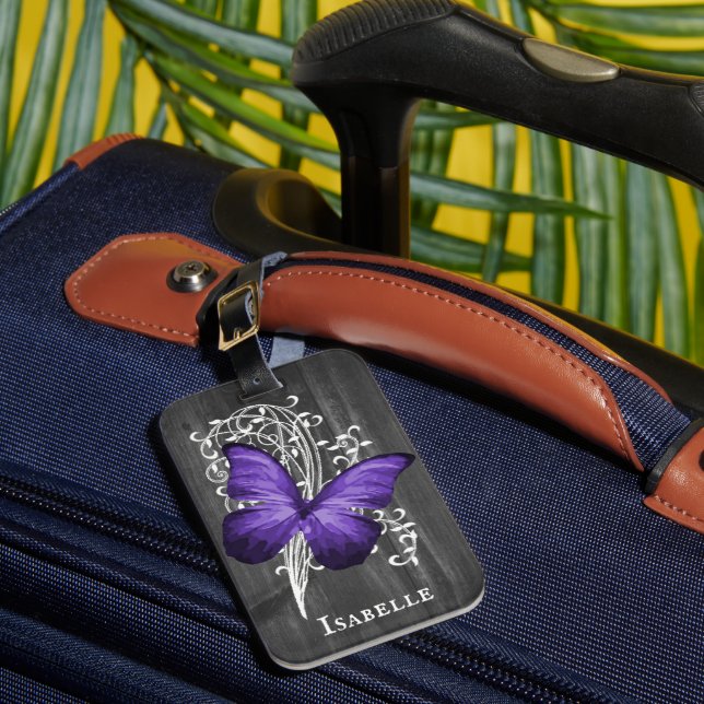 Purple Rustic Butterfly Personalized Luggage Tag (Front Insitu 1)