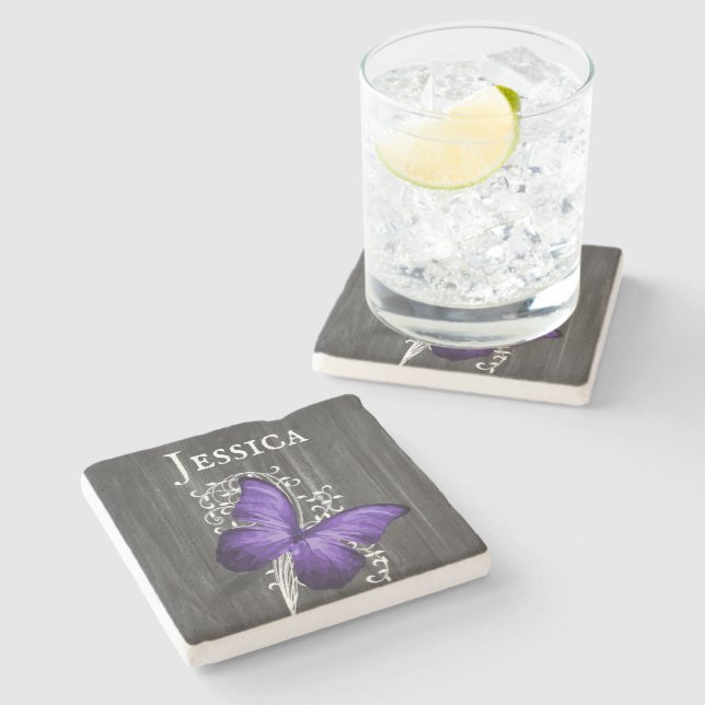 Purple Rustic Butterfly Personalized Stone Coaster (Side)