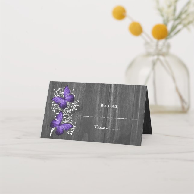 Purple Rustic Butterfly Reception Place Card (Front)