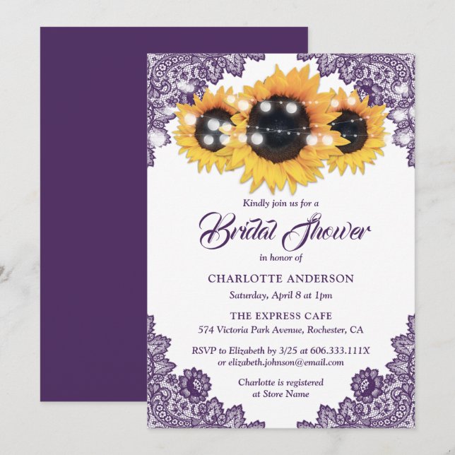 Purple Rustic Chic Lace Sunflower Bridal Invitation (Front/Back)