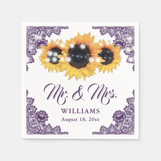 Purple Rustic Chic Lace Sunflower Wedding Napkin (Front)