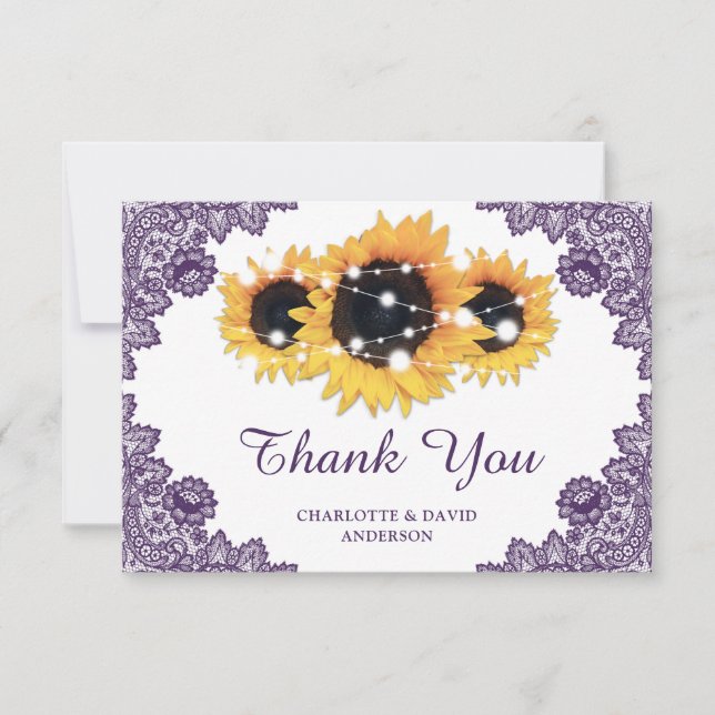 Purple Rustic Chic Lace Sunflower Wedding Thank You Card (Front)
