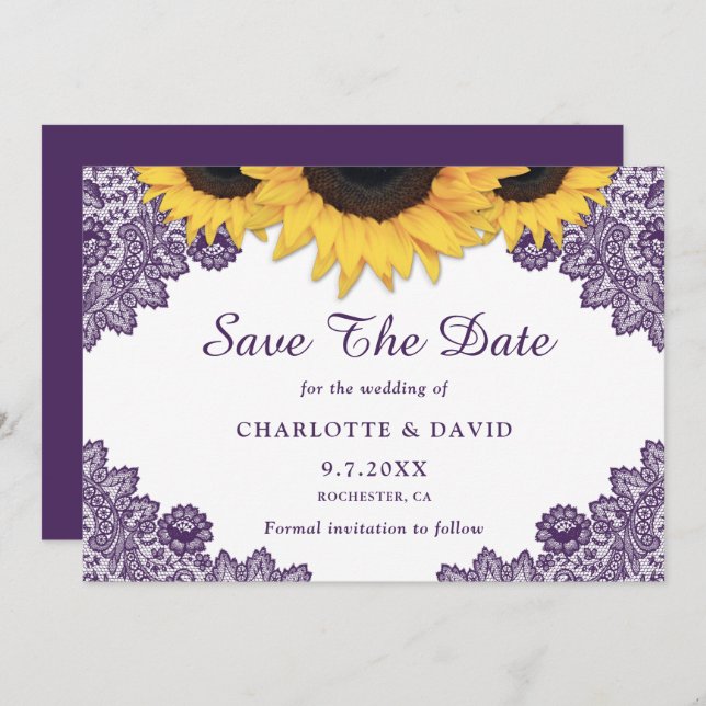 Purple Rustic Chic Sunflower Lace Wedding Save The Date (Front/Back)
