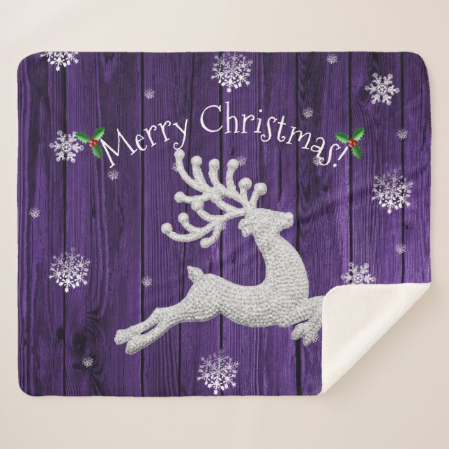 Purple Rustic Christmas Reindeer Sherpa Blanket (Front (Horizontal))