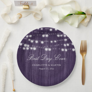 Purple Rustic Country Wood String Lights Wedding Paper Plate