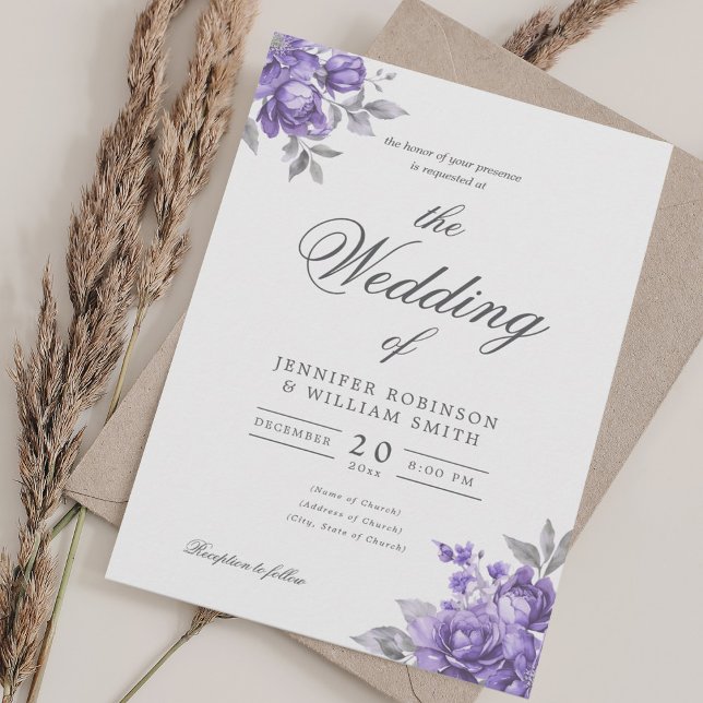 Purple Rustic Floral Elegant Script Wedding  Invitation (Purple Rustic Floral Elegant Script Wedding Invitation)