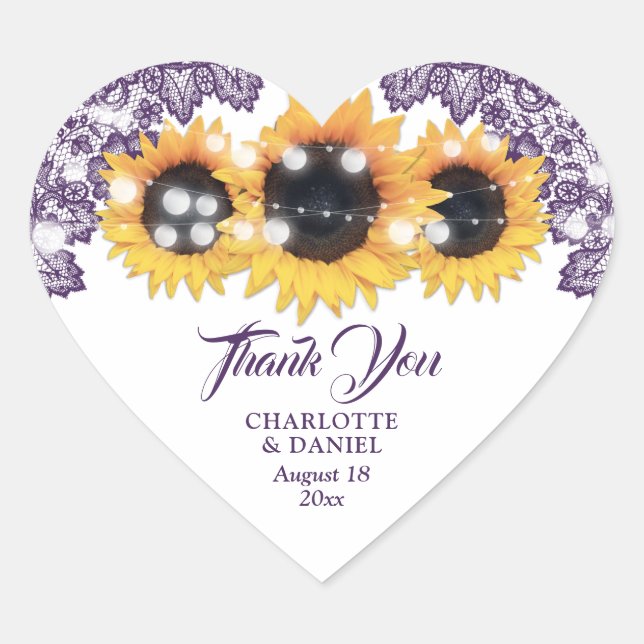 Purple Rustic Floral Lace Sunflower Wedding Heart Sticker (Front)