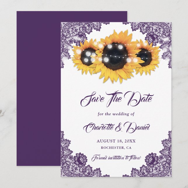 Purple Rustic Floral Lace Sunflower Wedding Save The Date (Front/Back)