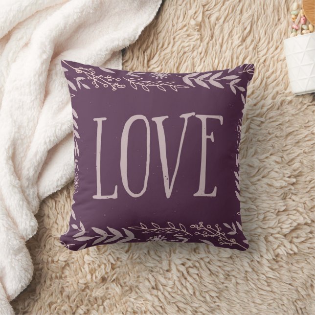 Purple Rustic Floral Love Throw Pillow (Blanket)