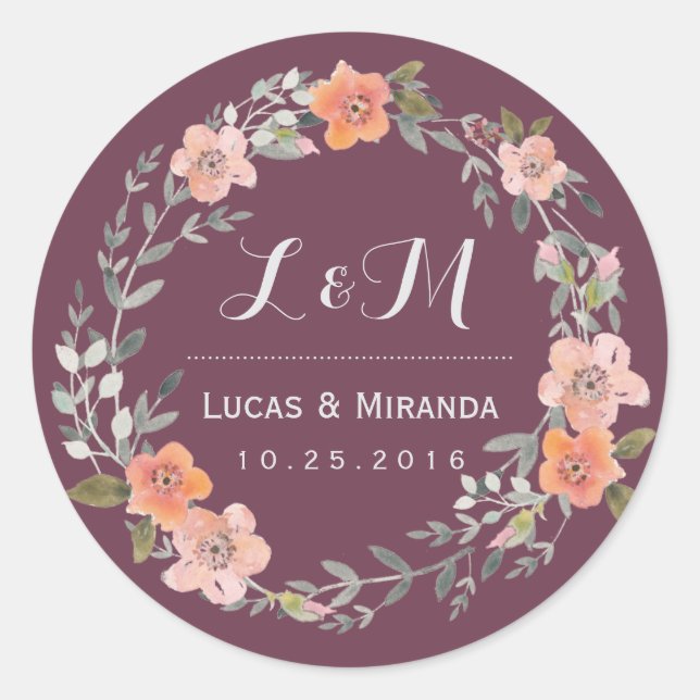 Purple Rustic Flower Wreath Wedding Favour Sticker (Front)