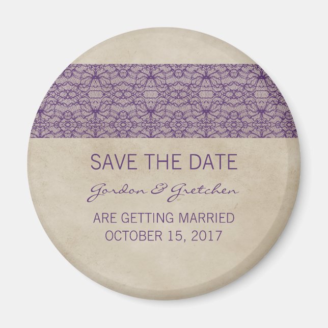 Purple Rustic Lace Save the Date Magnet (Front)