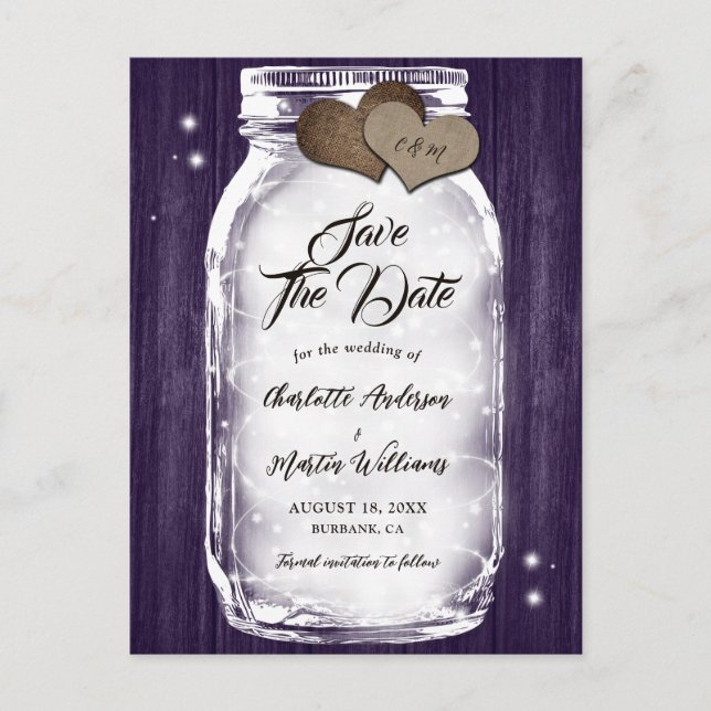 Purple Rustic Mason Jar String Lights Wood Wedding Announcement Postcard (Front)