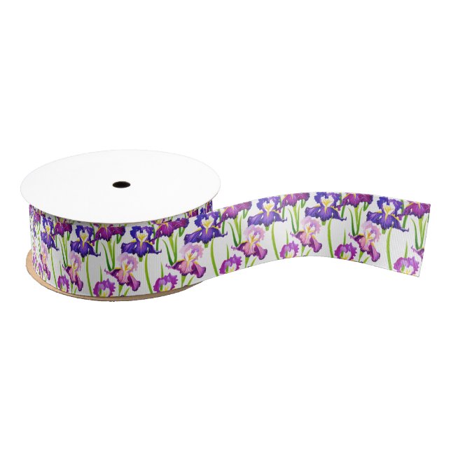 Purple Rustic Meadow Iris Flowers Watercolor Grosgrain Ribbon (Spool)