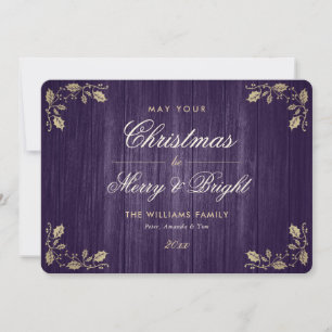 Purple Rustic Merry and Bright Photo Christmas Holiday Card