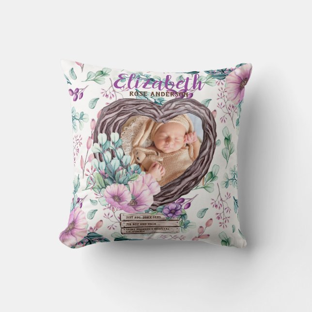 Purple Rustic Photo New Baby Birth Stats Floral Throw Pillow (Front)