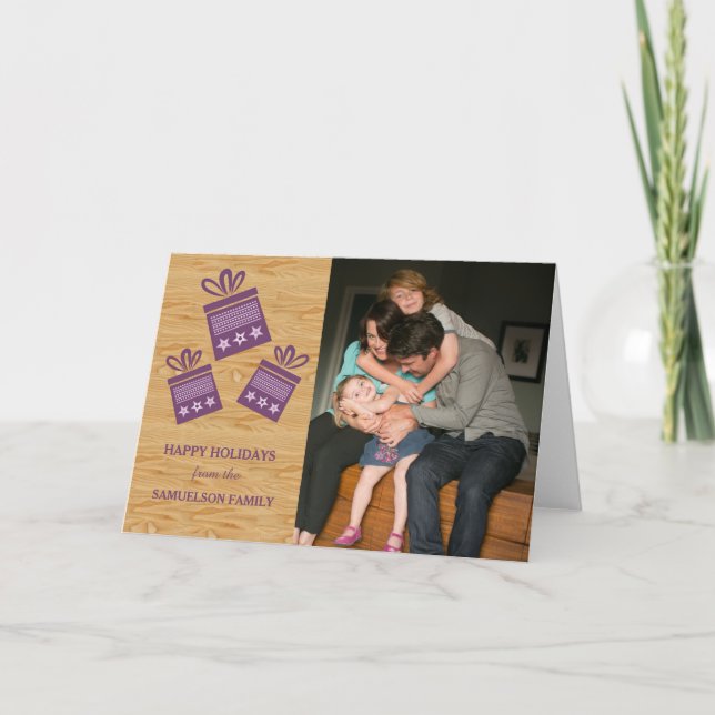 Purple Rustic Presents Holiday Photo Card (Front)
