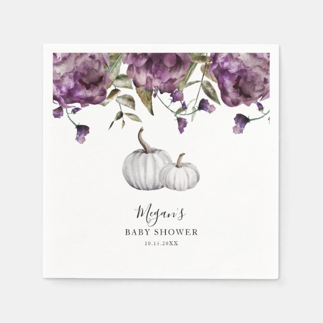 Purple Rustic Pumpkin Fall Baby Shower Napkin (Front)