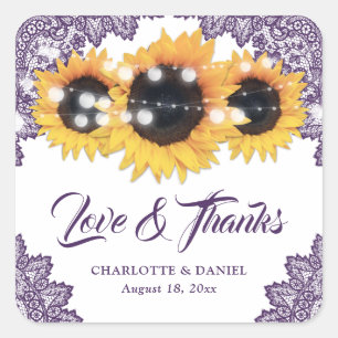 Purple Rustic Sunflower Wedding Thank You Square Sticker