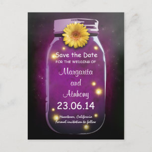 Purple Rustic Whimsical Mason Jar Save the Date Announcement Postcard