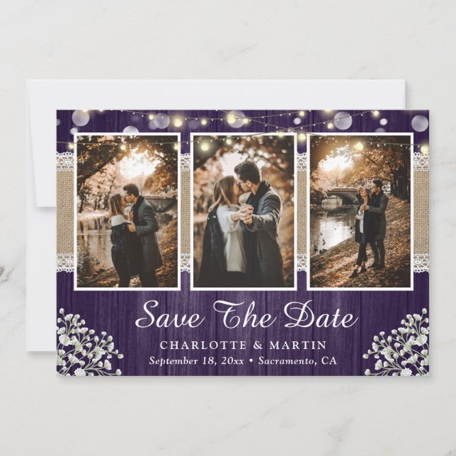 Purple Rustic Wood Baby's Breath Wedding Photo Save The Date (Front)