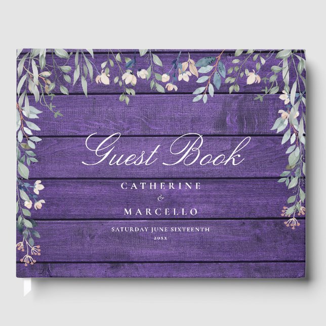 Purple Rustic Wood Floral Wildflowers Wedding Guest Book (Front)