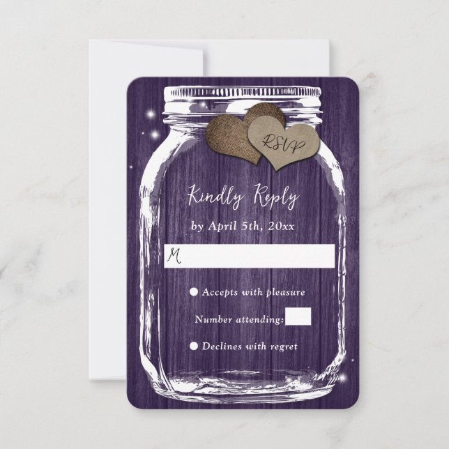 Purple Rustic Wood Hearts Mason Jar Mariage RSVP (Devant)