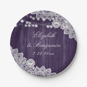 Purple Rustic Wood Lace String Lights Wedding Paper Plate