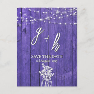 Purple Rustic Wood String Lights Boho Mason Jar Announcement Postcard