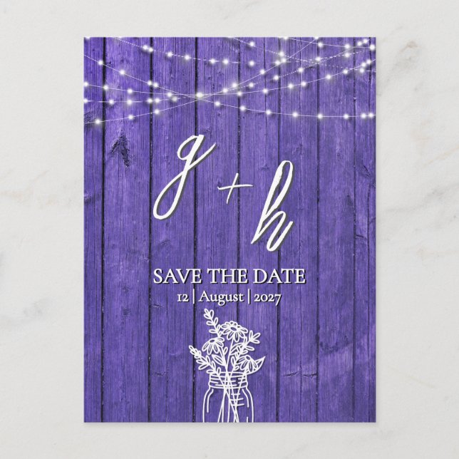Purple Rustic Wood String Lights Boho Mason Jar Announcement Postcard (Front)
