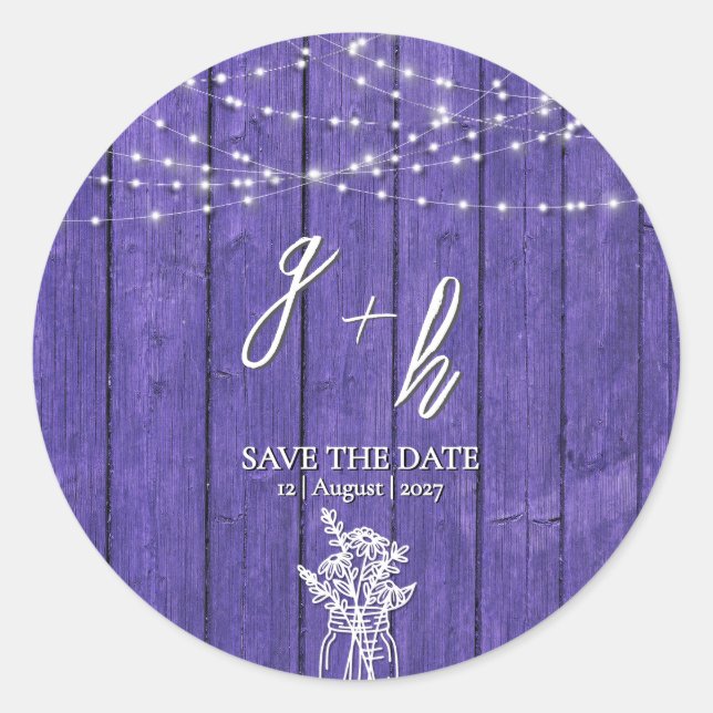 Purple Rustic Wood String Lights Boho Mason Jar Classic Round Sticker (Front)