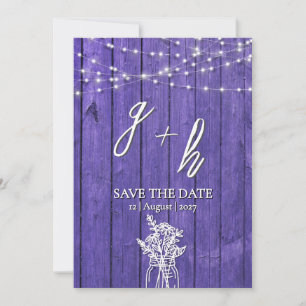 Purple Rustic Wood String Lights Boho Mason Jar Save The Date