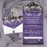 Purple Rustic Wood String Lights Floral Wedding All In One Invitation<br><div class="desc">All in one wedding invitation featuring pretty string lights,  hand-drawn floral garland and chic typography on a purple rustic wood panels background. The invitation includes a perforated RSVP card with meal choice. Designed by Thisisnotme©</div>