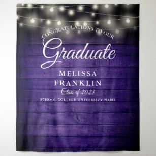 Purple Rustic Wood String Lights Graduate Backdrop Tapestry