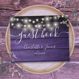 Purple Rustic Wood String Lights Script Wedding Guest Book