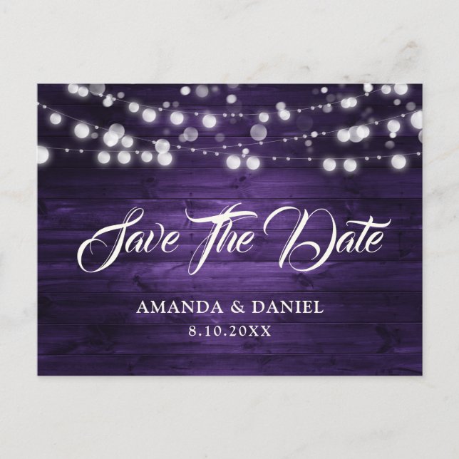 Purple Rustic Wood String Lights Wedding Announcement Postcard (Front)