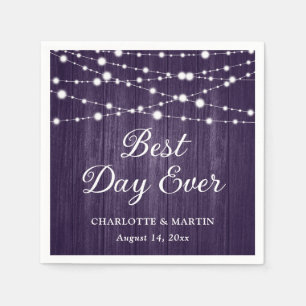 Purple Rustic Wood String Lights Wedding Napkin