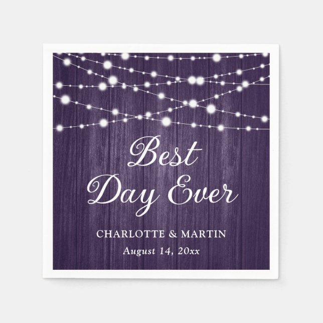 Purple Rustic Wood String Lights Wedding Napkin (Front)