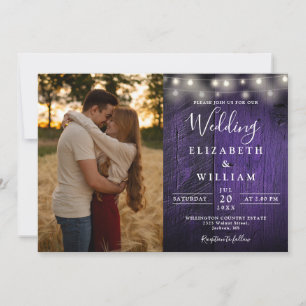 Purple Rustic Wood String Lights Wedding Photo Invitation