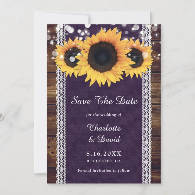 Purple Rustic Wood Sunflower Wedding Save The Date (Front)