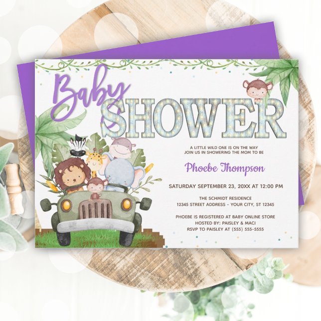 Purple Safari Animaux Baby shower Invitation (Purple Safari Animals Baby Shower Invitation)