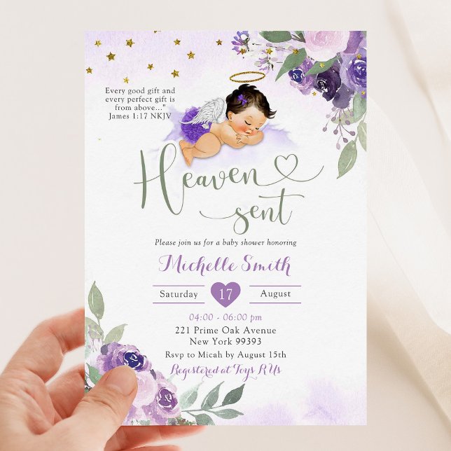 Purple Sage Green Heaven Sent Baby Shower Invitation (Creator Uploaded)